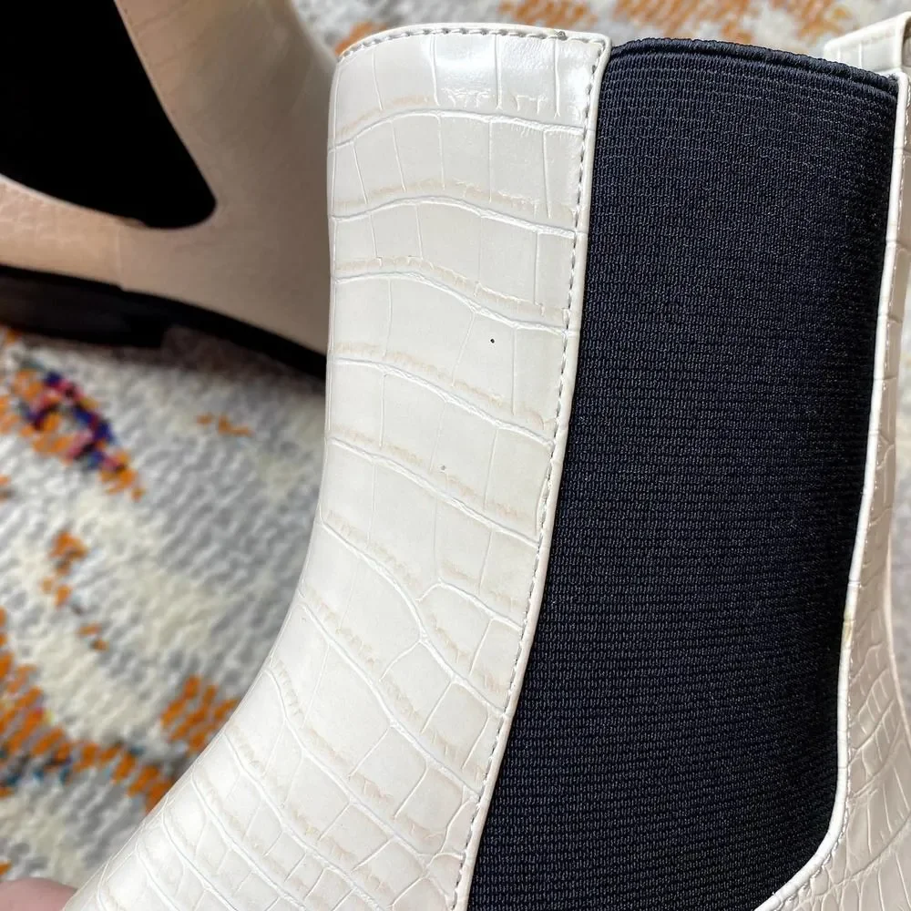 Open Edit Rectangular Toe Stacked Heel Croc-Embossed Ayla Chelsea Boot Ivory 8